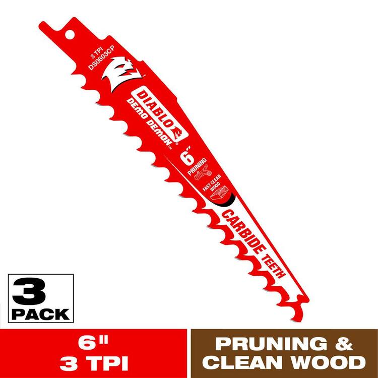 DIABLO 6 in. 3 TPI Demo Demon Carbide Teeth Reciprocating Saw Blades for Clean Wood and Pruning