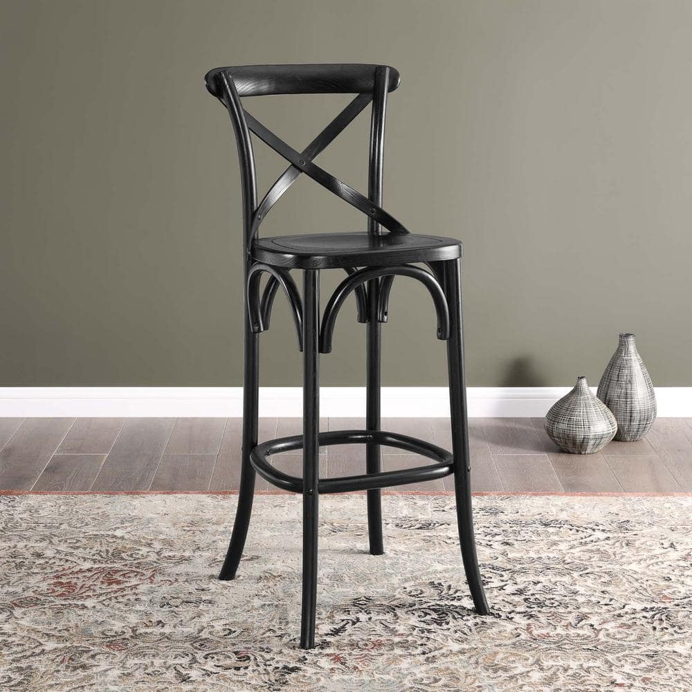 Modern Farmhouse Elm Wood Bar Stool with X-Brace Back in Black