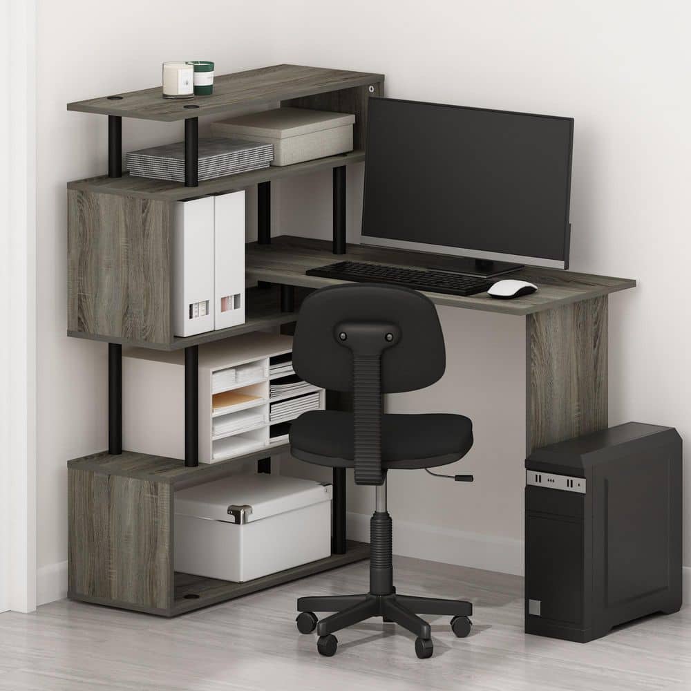 MOORE 39.37 in. L-Shaped Grey Oak/Black Wood Desk with 5-Tier  Shelves
