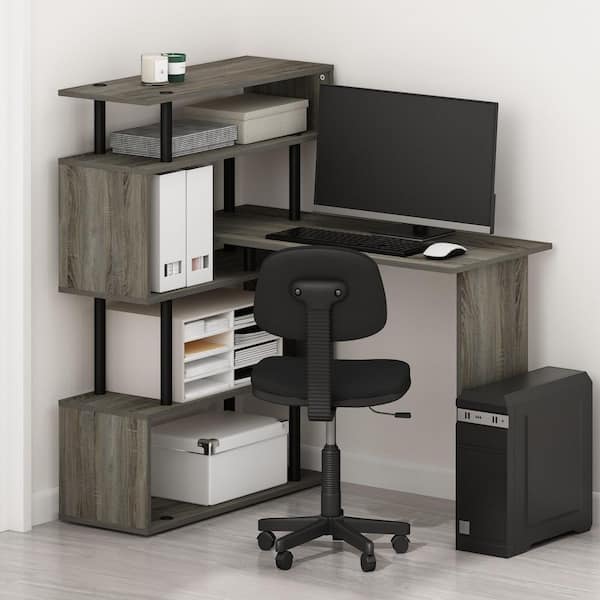 MOORE 39.37 in. L-Shaped Grey Oak/Black Wood Desk with 5-Tier  Shelves