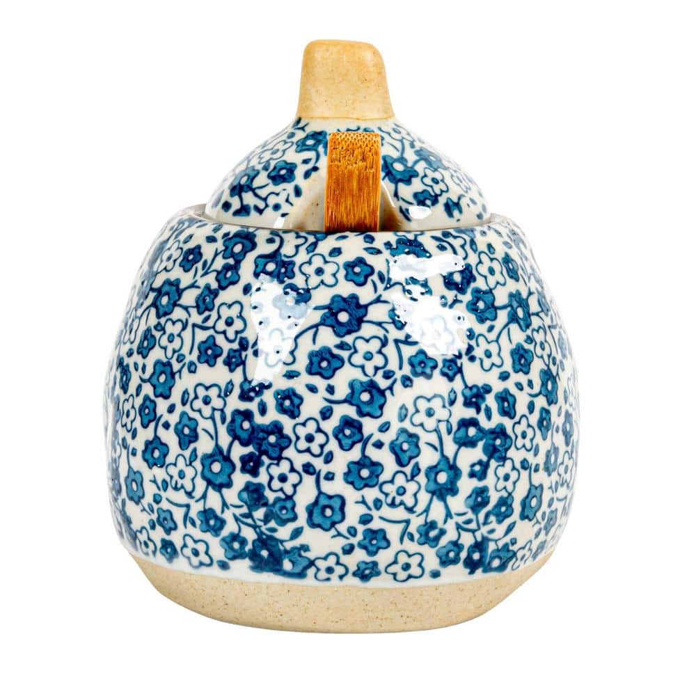 Hand-Painted Blue Floral Stoneware Sugar and Creamer Set