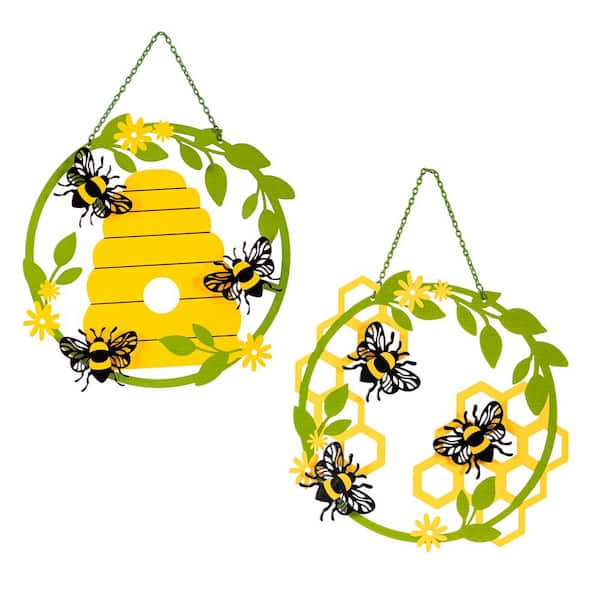 Evergreen Enterprises 13 in. Laser Cut Metal Bee & Honeycomb Hanging Garden Decor, Set of 2