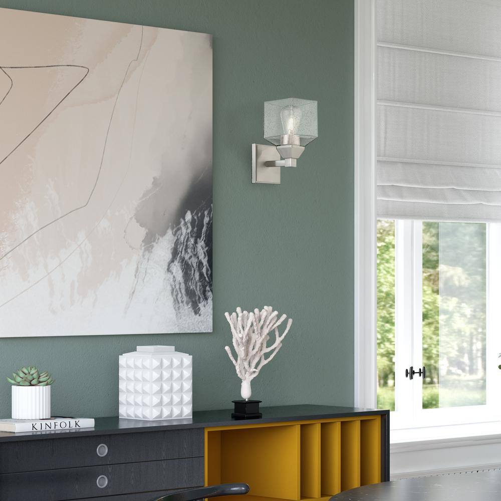 Brushed Nickel Dimmable Wall Sconce with Hand Blown Clear Seeded Glass