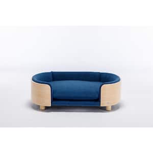 Elevated Dog Bed Pet Sofa With Solid Wood Legs and Bent Wood Back, Velvet Cushion, Mid Size, Dark Blue