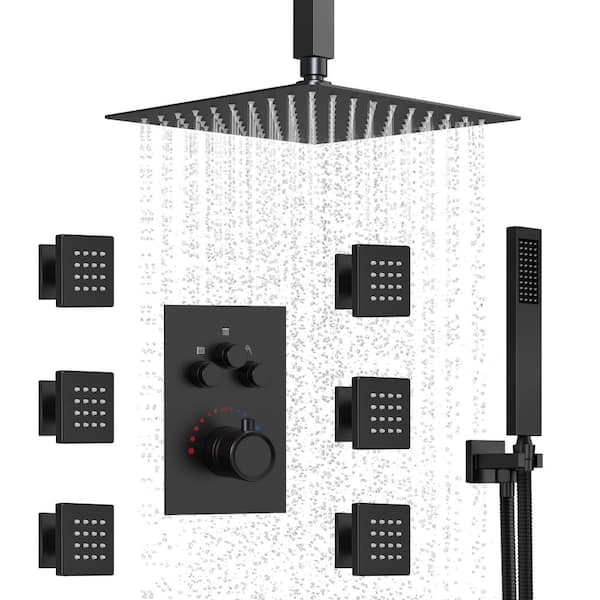 CRANACH Triple Handles 7-Spray Patterns Shower Faucet 12 in. Shower Head 2.5 GPM with 6-Jets in Matte Black (Valve Included)