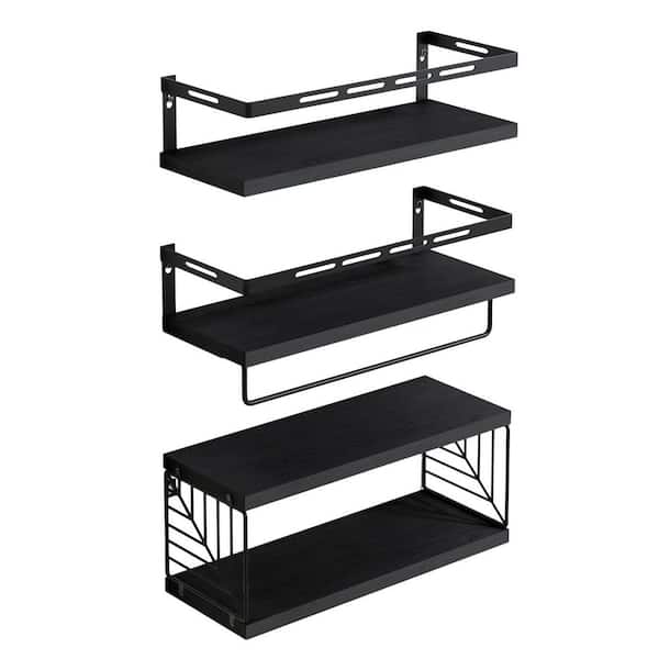 3-Piece 15.8 in. x 3 in. x 5.9 in. Wood Rectangular Bathroom Shelf in Black with Towel Bar, Floating Shelves