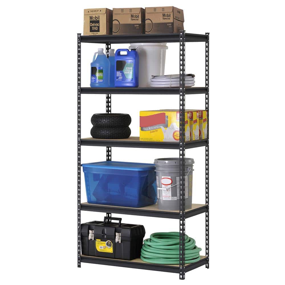 Heavy-Duty Workshop 5-Tier Steel & Wood Shelving Unit, 36"W x 18"D x 72"H, Black