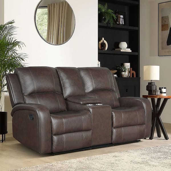 Longvale 69.5 in W Leather 2-Seater Manual Double Reclining Love Seat with Center Console in Brown