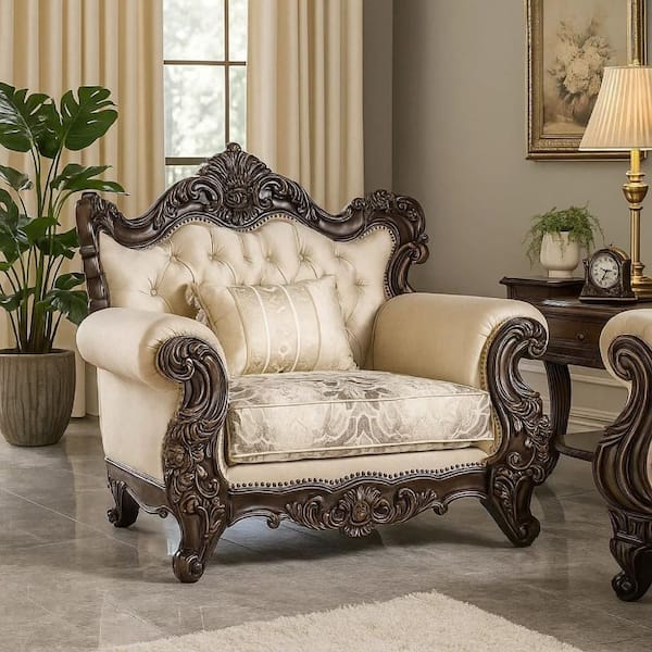 Benjara Puhi Beige and Cherry Brown Fabric Accent chair with