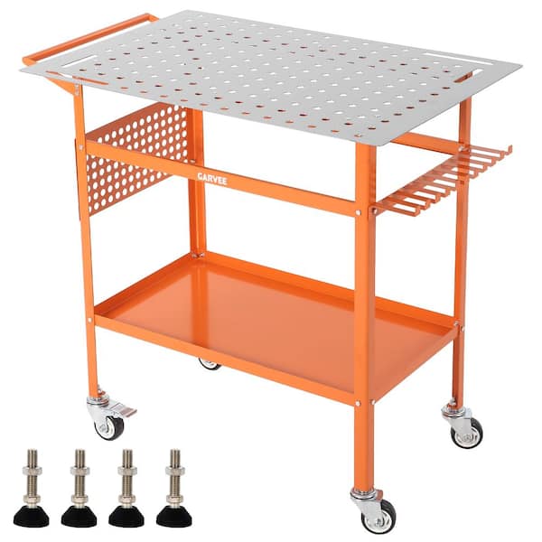 36"×24" Carbon Steel Welding Table,800 lbs,2‑Layer,Side Pegboard,Hooks,Storage Tray,4 Wheels(2 Brakes)