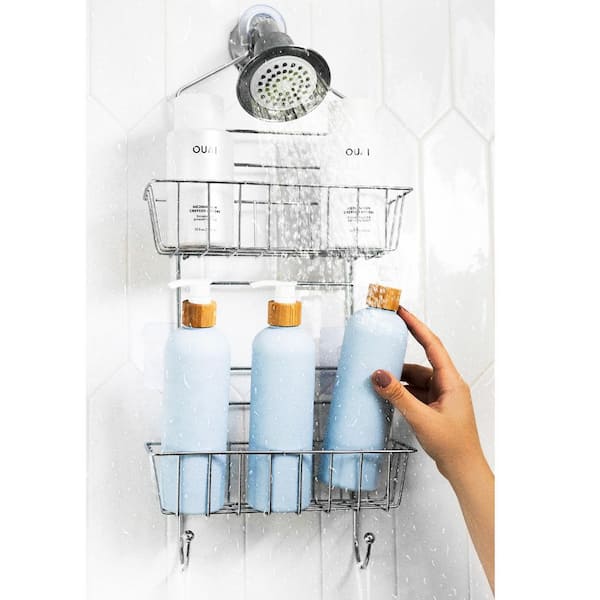 Shower Caddy Over Shower Head Basket Shelf with Hooks Hanging Sponge Shampoo Holder Organizer Stainless Steel in Chrome