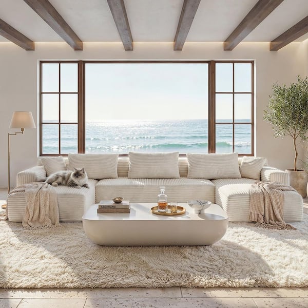 134 in. Square Arm Corduroy Upholstery U-Shaped with 5 Pillows and Removable Covers Modular Sectional Sofa in Beige