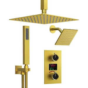 Smart Temperature Shower Kits 3-Spray Dual Ceiling Mount 12 in. Fixed and Handheld Shower Head 2.5 GPM in Brushed Gold