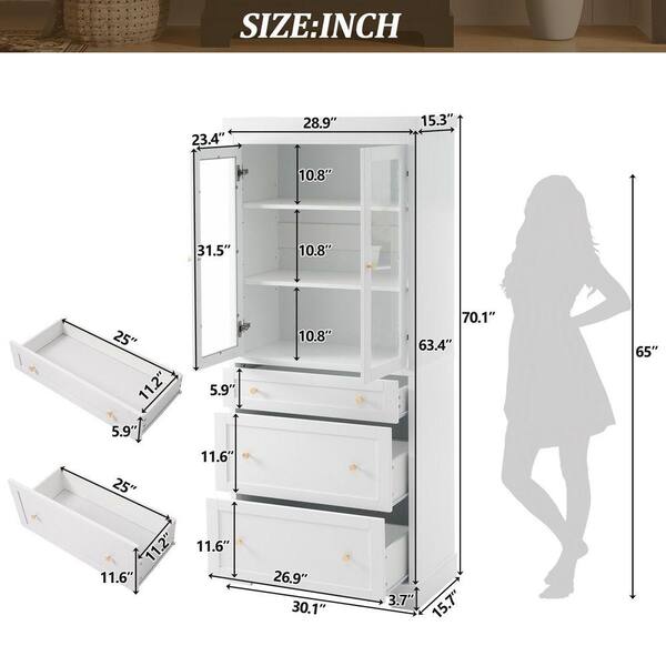30 in. D x 15.7 in. W x 70.1 in. H White Linen Cabinet with 2