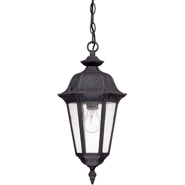 Glomar Ore 1-Light Outdoor Satin Iron Hanging Lantern with Seeded Glass