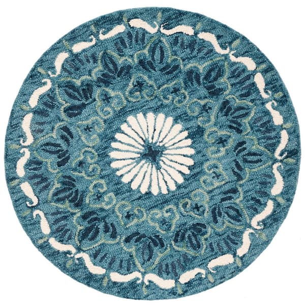 SAFAVIEH Novelty Blue/Ivory Doormat 3 ft. x 3 ft. Floral Round Area Rug