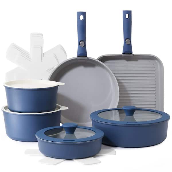 17-Piece Navy Nonstick Pots and Pans Set with Detachable Handle, Healthy Aluminum Cookware Set for Kitchen RV