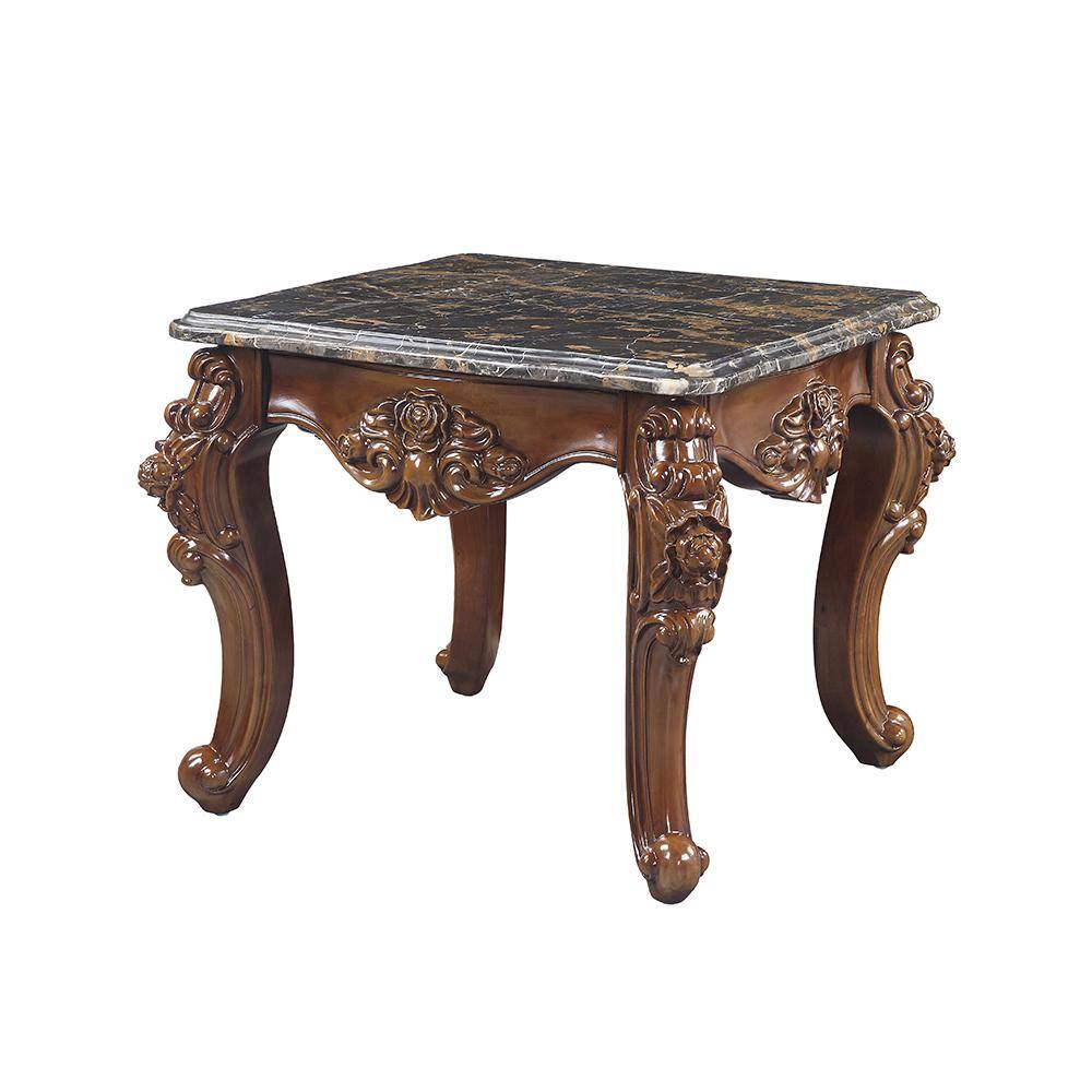 Walnut Brown Scalloped Marble Top End Table with Carved Floral Motifs