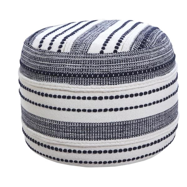 HomeRoots Amelia Blue Cotton Round Accent Ottoman