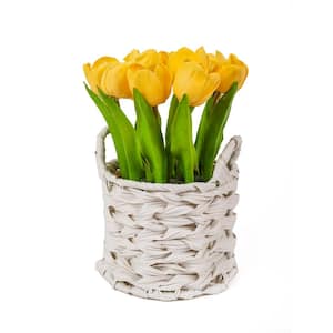 10 in. Artificial Floral Arrangements Tulips in Basket- Color: Yellow