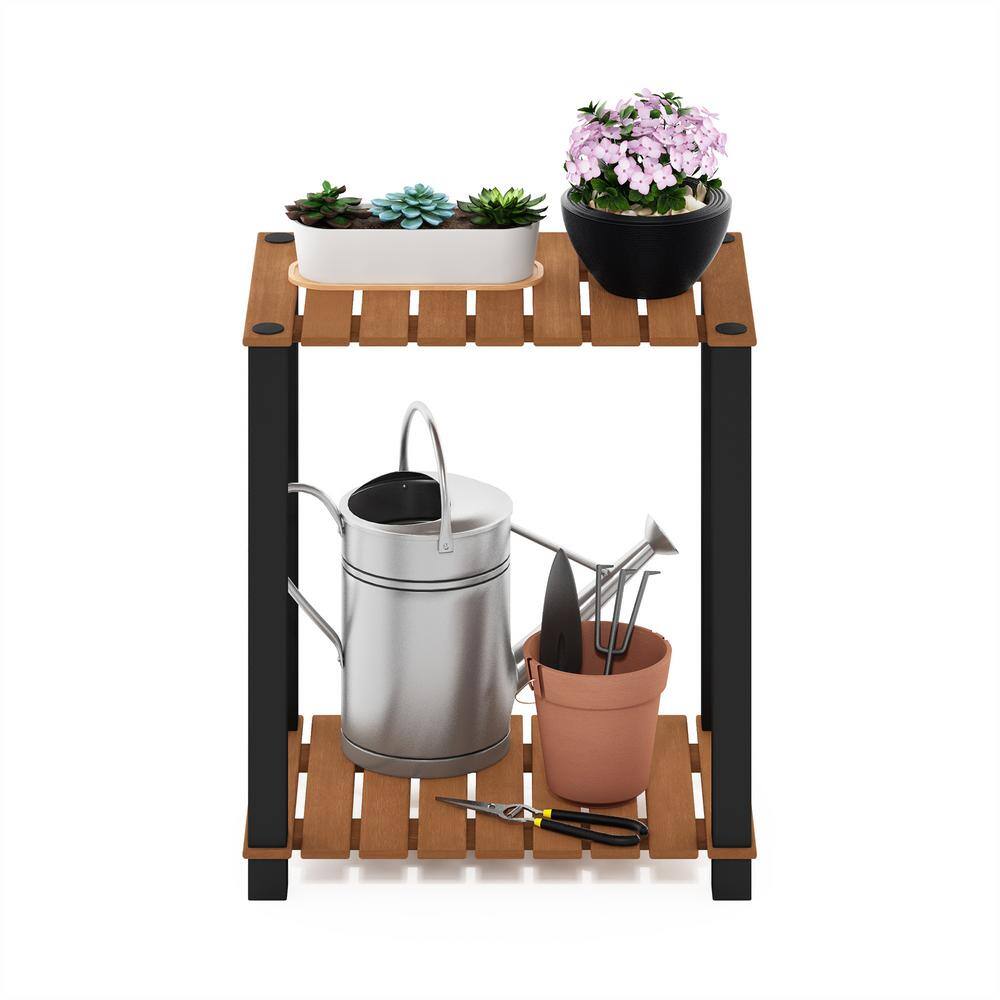 Pangkor 2-Tier Natural Wood and Black Plant Shelf