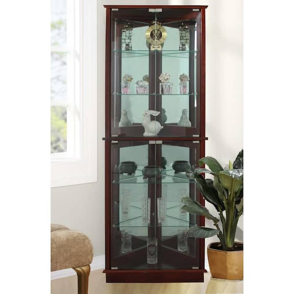 JENLEA INC Floor Standing Walnut 3-Sided Lighted Corner Curio Cabinet