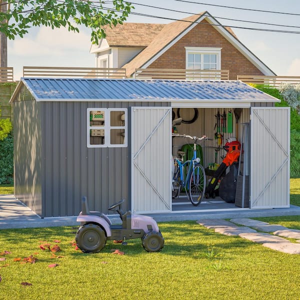 12 ft. W x 10 ft. D Gray Metal Outdoor Storage Shed with Lockable Door Sloped Roof and Vents (120 sq. ft.)