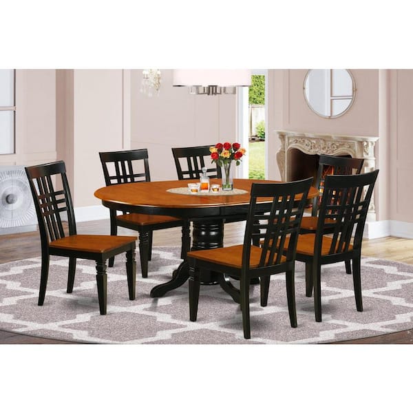 East West Furniture 7-Piece Oval Black and Cherry Finish Solid Wood Top Dining Table with 6 Chairs with Lattice Back