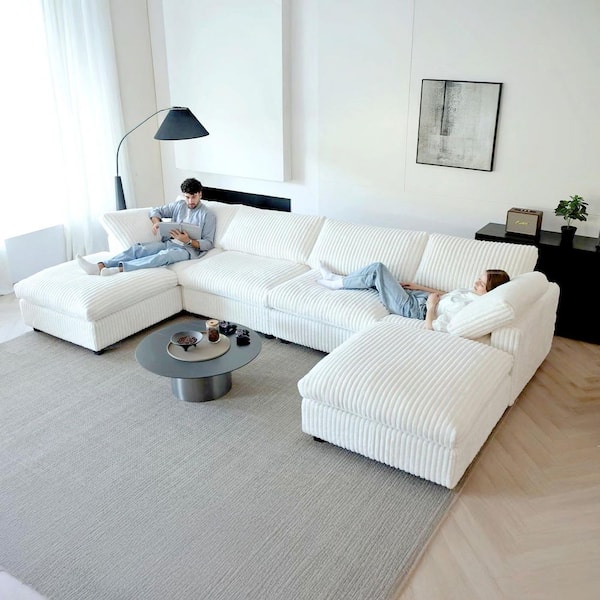 118 in. Modular White Plush Velvet Cal King Size 5-Seat Convertible Sleeper Sofa Bed w/ Ottoman & Washable Covers