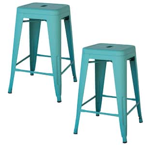 24 in. Teal Metal, Backless, Stackable Bar Stool (Set of 2)