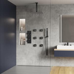 Thermostatic 5-Spray 12 in. Ceiling Mount Dual Shower Head and Handheld Shower in Matte Black (Valve Included)