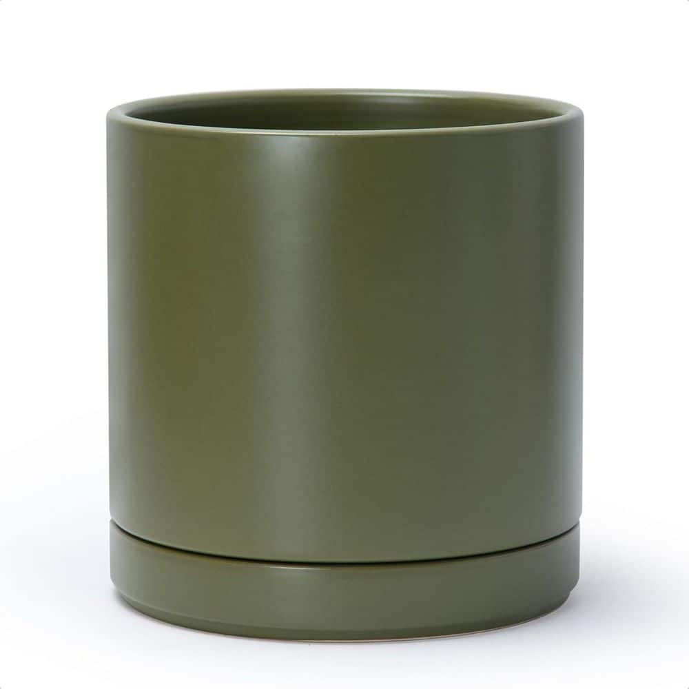 Large Olive Ceramic Indoor/Outdoor Planter with Saucer (10 in. W x