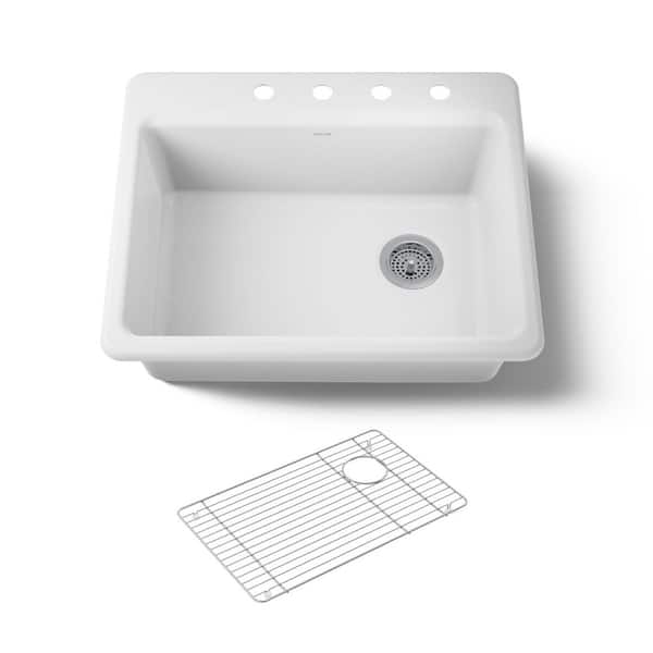 Riverby Drop-In Cast Iron 27 in. 4-Hole Single Basin Kitchen Sink Kit in White