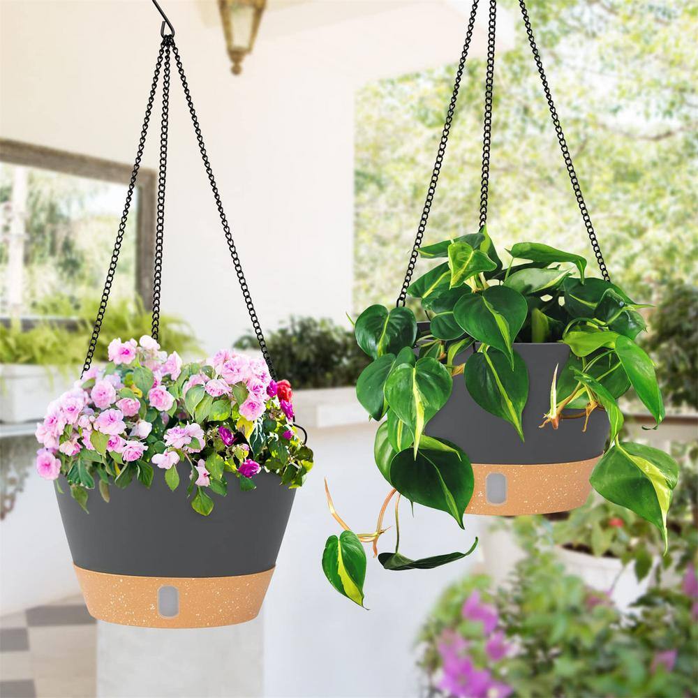 10" Dark Gray Plastic Hanging Planter with Self-Watering Tray