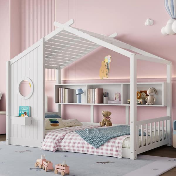 White Twin Size House-shaped Kids Montessori Bed, Floor Bed with Storage Shelf, Unique Roof Design