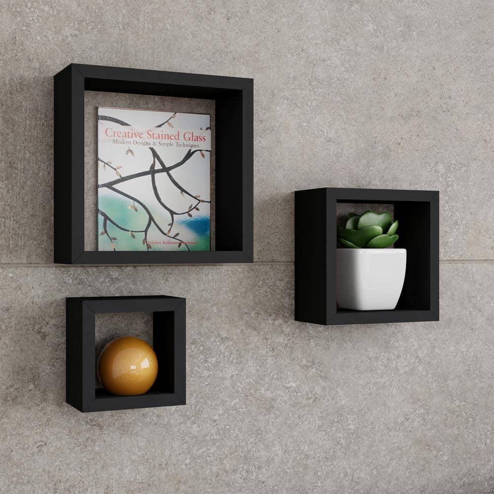 Black Wood Floating Cube Wall Shelf Set with Hidden Brackets