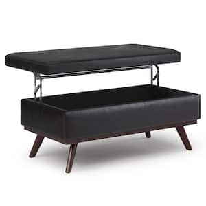 Owen 42 in. Wide Mid Century Rectangle Lift Top Large Coffee Table Storage Ottoman in Distressed Black Faux Leather