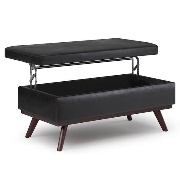 Simpli Home Owen 42 in. Rectangle Lift Top Large Coffee Table Storage Ottoman in Distressed Black Vegan Faux Leather, Assembled