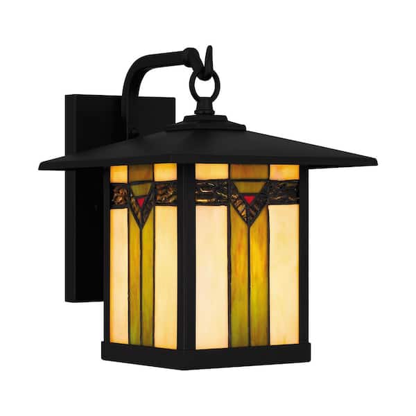 Home Decorators Collection Sumner 11.63 in. Matte Black Hardwired Tiffany Outdoor Wall Light Lantern Sconce with No Bulb Included