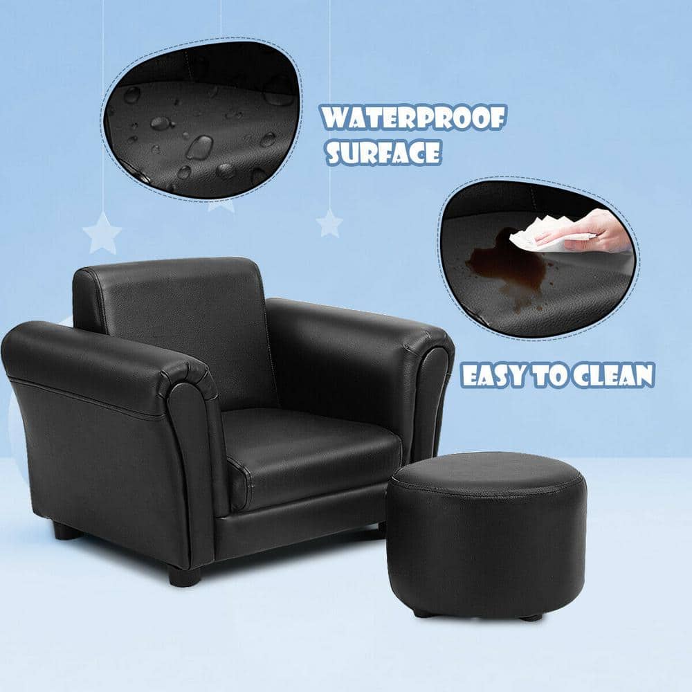 Black Faux Leather Kids Armchair with Ottoman