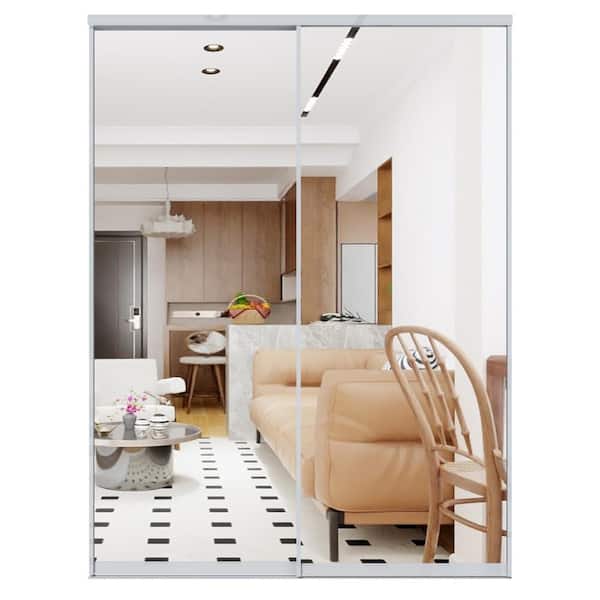 ARK DESIGN 60 in. x 80 in. 1 Lite Mirrored Glass Aluminum Frame Closet Sliding Door with Hardware Kit
