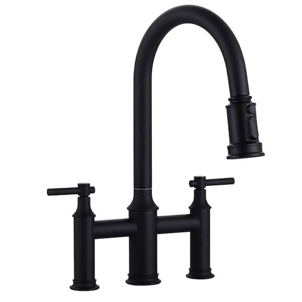 Double Handle Bridge Kitchen Faucet with 3-Mode Pull-Down Spray Head in Matte Black