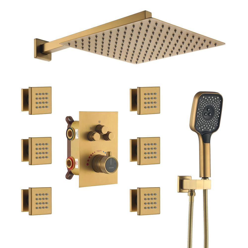 Brushed Gold 12-Inch Square Dual Shower System with Body Jets