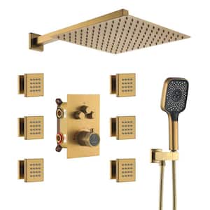 6-Spray Thermostatic Dual Shower Heads 12 in. Wall Mount Fixed and Handheld Shower Head 6-Jets, 2.5 GPM in Brushed Gold