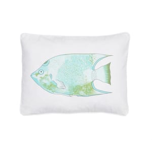 Biscayne White, Teal and Green Fish Print 14 in. x 18 in. Throw Pillow