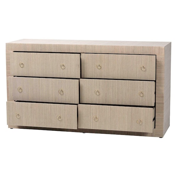 bali & pari Sage Beige Grasscloth 6-Drawer 65.7 in. Dresser 266 