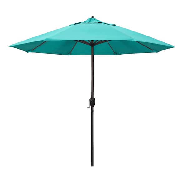 California Umbrella 9 ft. Bronze Aluminum Market Auto-tilt Crank Lift Patio Umbrella in Aruba Sunbrella