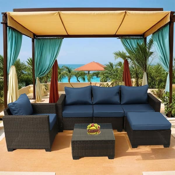 Runesay Brown 6-Piece Wicker Patio Conversation Set with Dark Blue Cushions