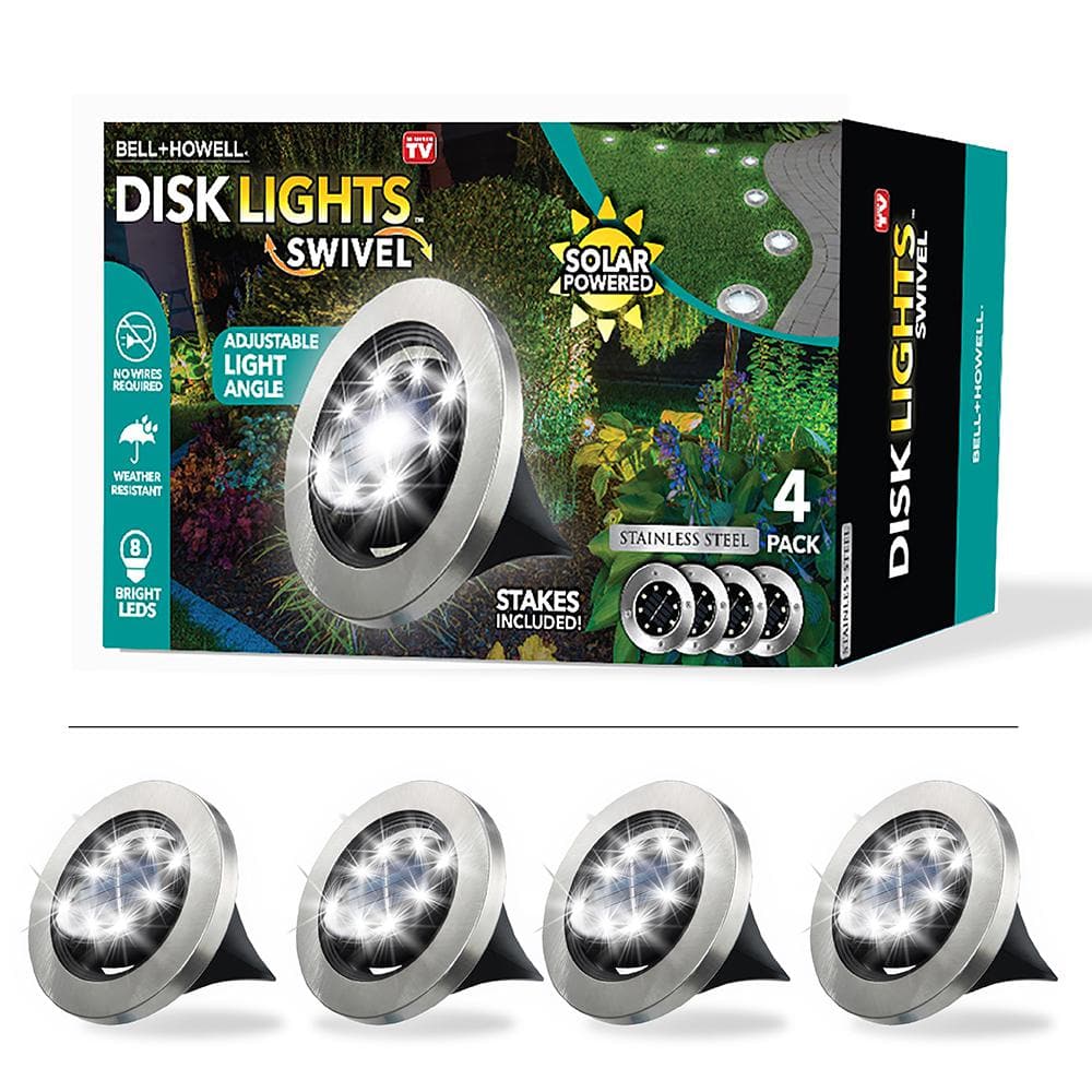 Bell + Howell Solar Powered Swivel Disk Lights  Outdoor Path Lights with 8 LED Bulbs  Stainless Steel 4 Pack