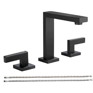 8 in. Widespread Double-Handles High Arc Bathroom Faucet with CUPC Water Supply Hose in Matte Black